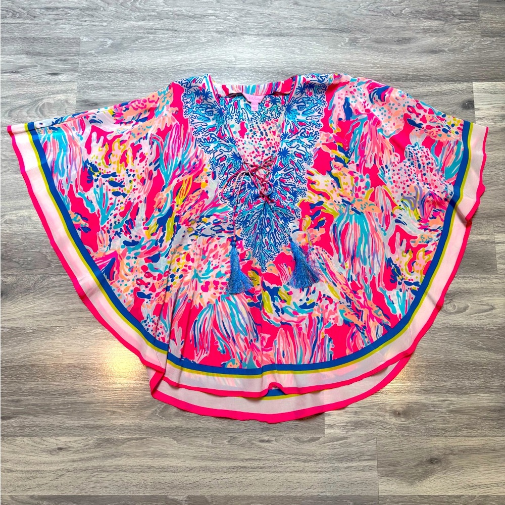 🌺 Lilly Pulitzer Silk Lace-Up Tunic Top | XXS/XS (Oversized) | Tropical Print